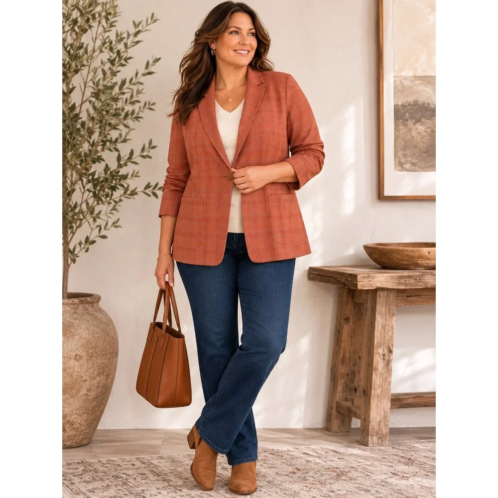 J.Jill Plaid Blazer Women's 2X Auburn Stretch Single Button Plaid Jacket NWT